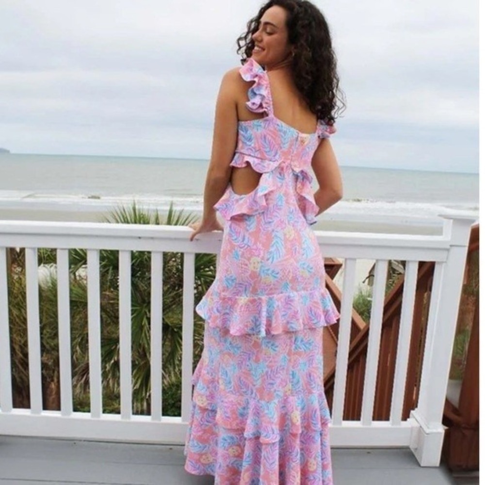 NEW Simply Southern Pink Tropical Pineapple Ruffle Cut Out Maxi Dress Womens Med